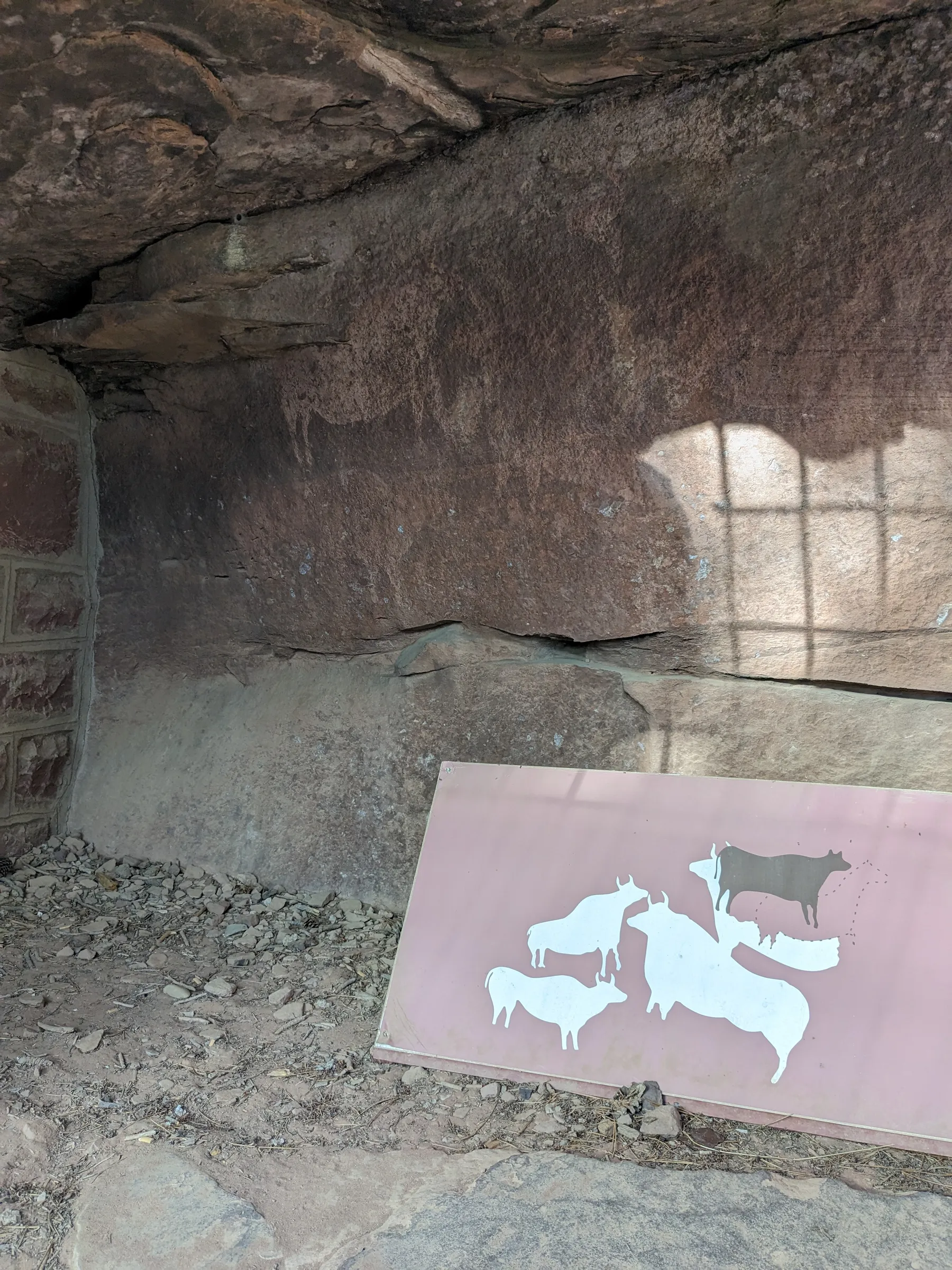 Shallow reddish sandstone rock overhang with an informational board displaying animal figures in front of prehistoric art at Abrigo de los Toros del Navazo