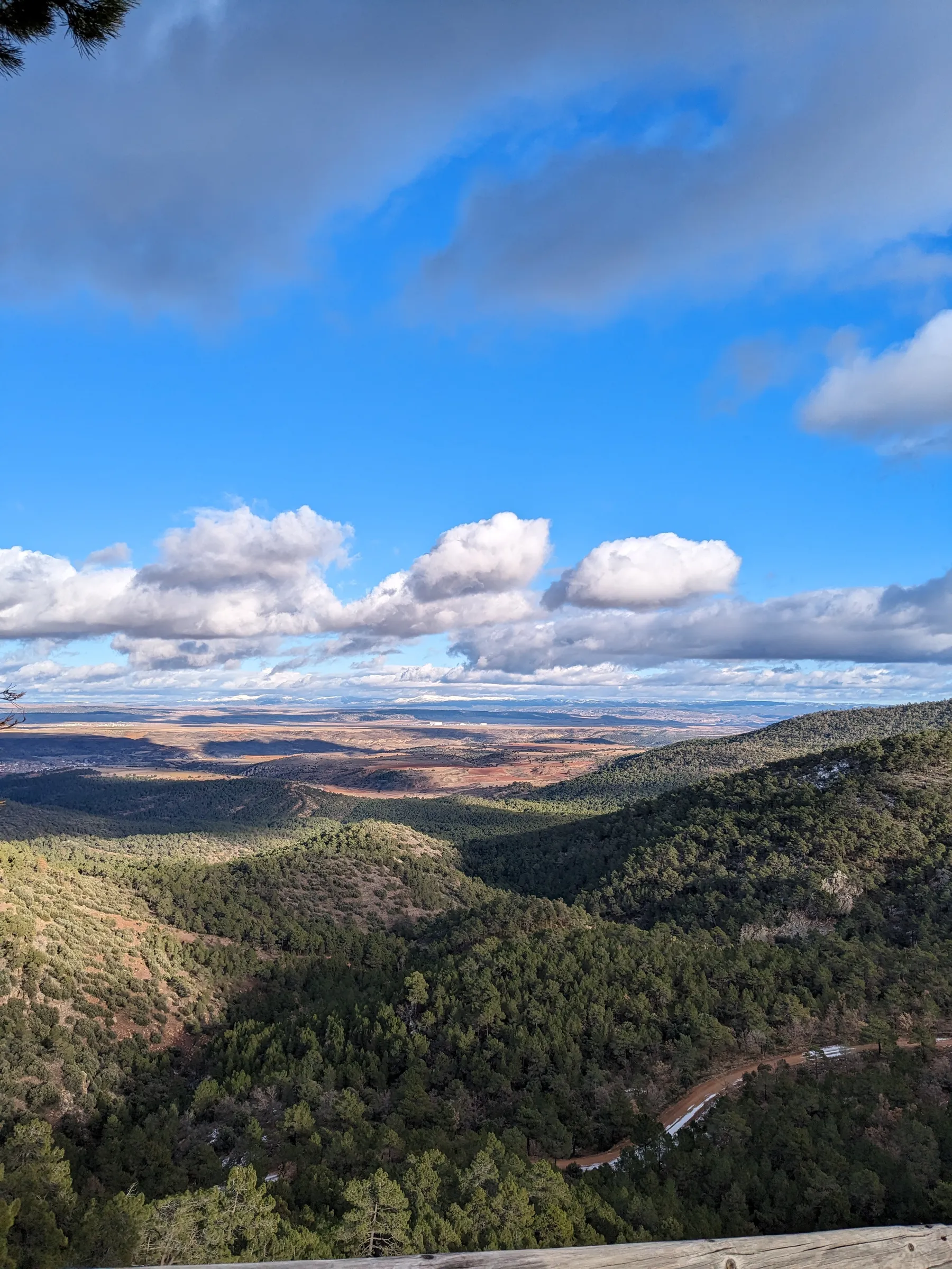 Panoramic view looking over pine-covered mountain hills under a blue sky with clouds from the Pinares de Rodeno viewpoint