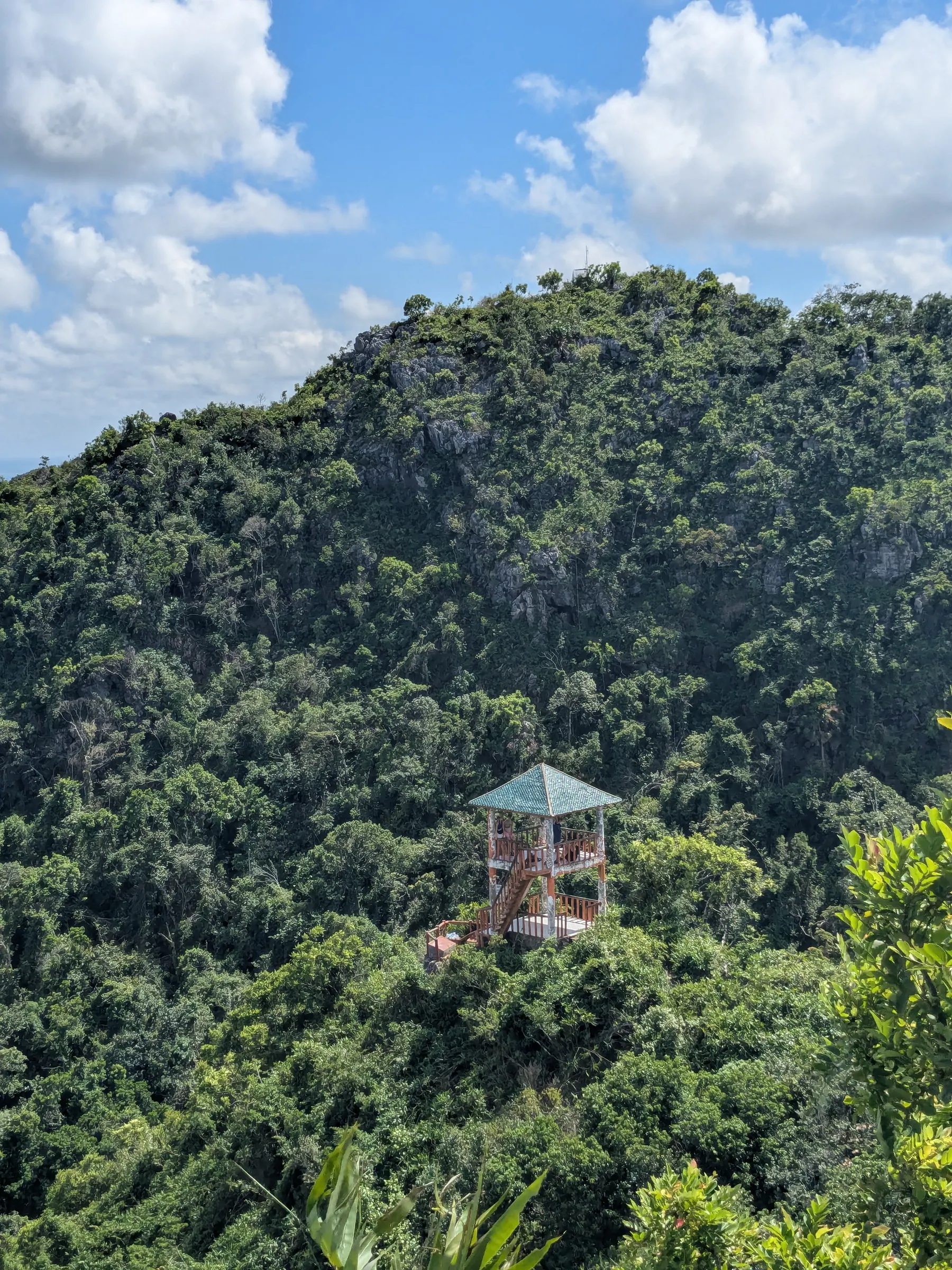 A wooden viewing tower surrounded by forested limestone hills in Cat Ba National Park