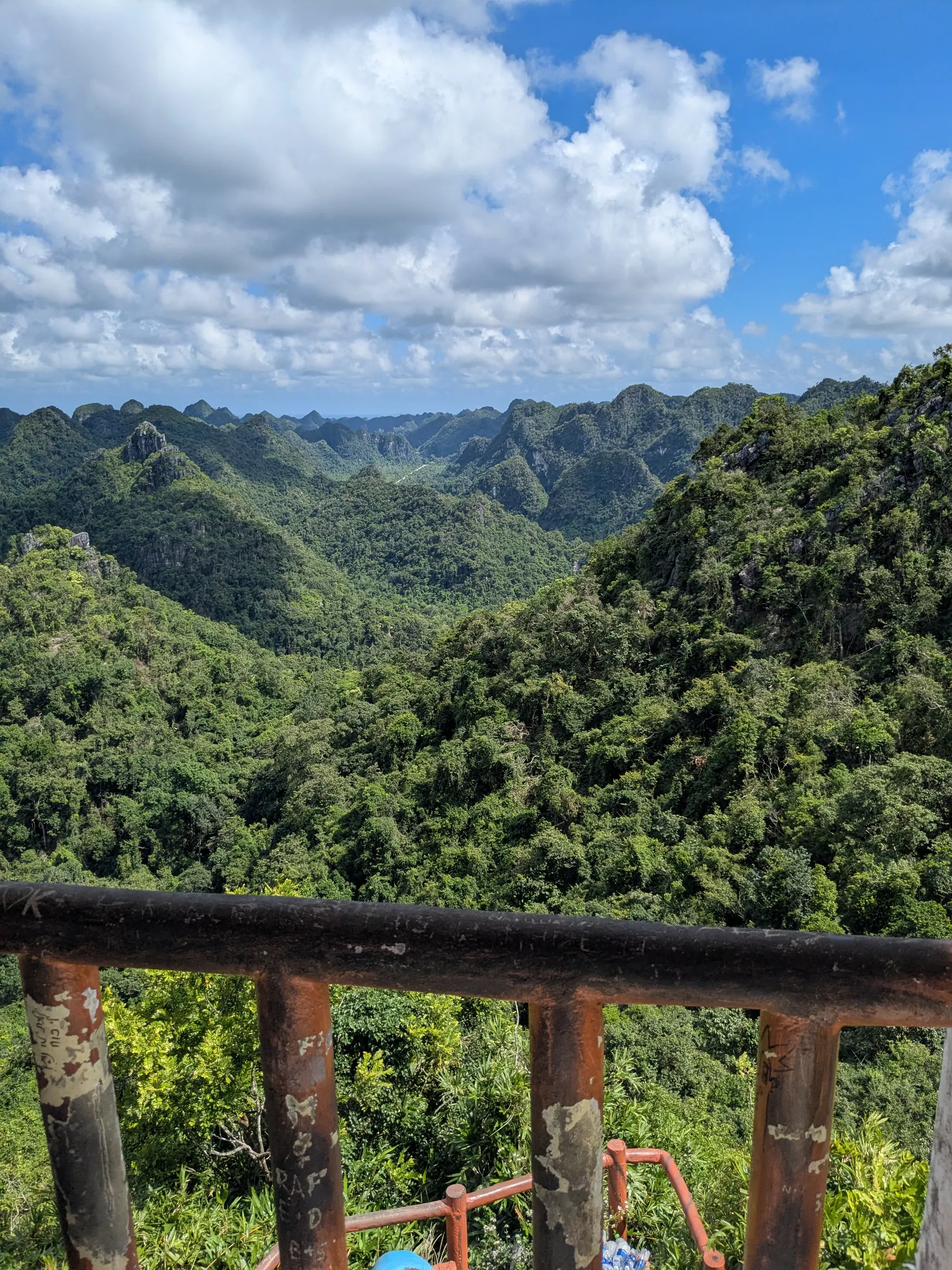 A traveller standing on the high viewing terrace overlooking green limestone karst peaks in Cat Ba