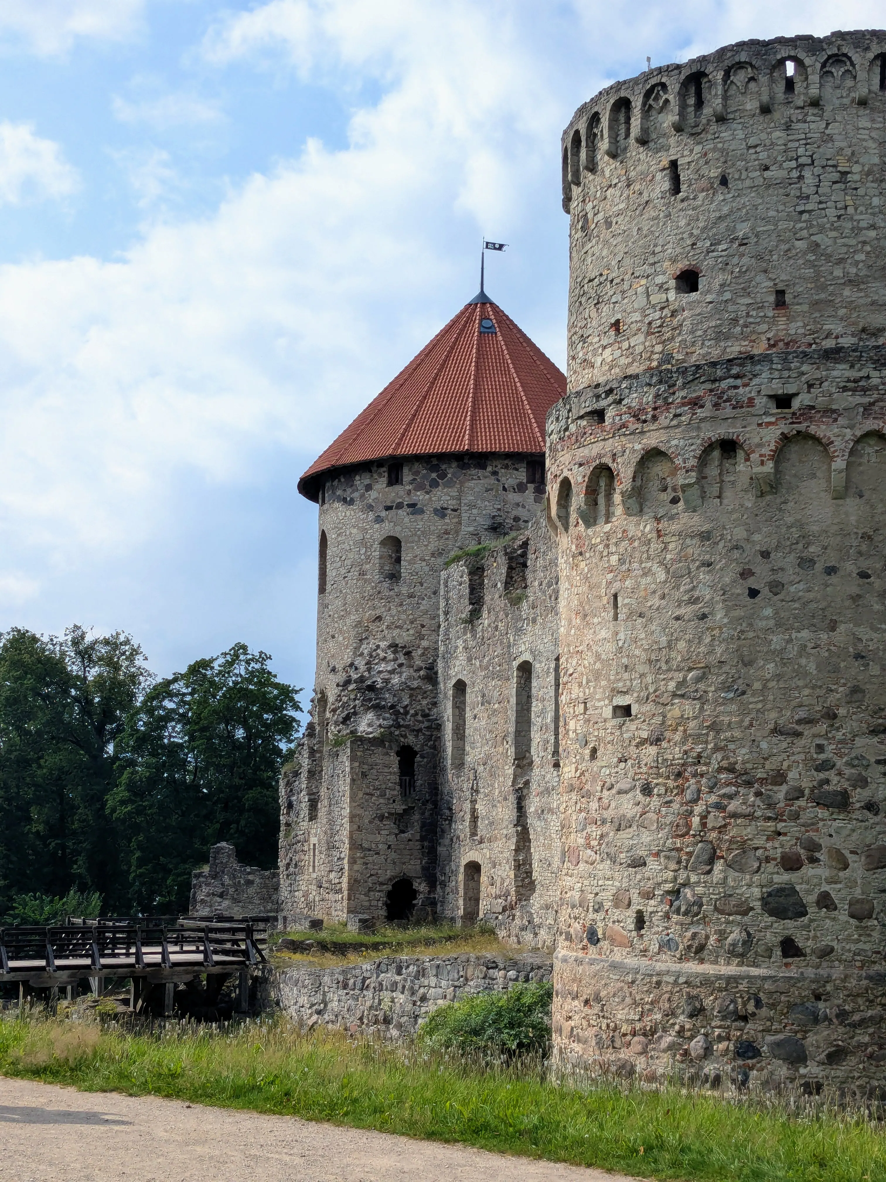 Medieval Cēsis Castle ruins and a round tower