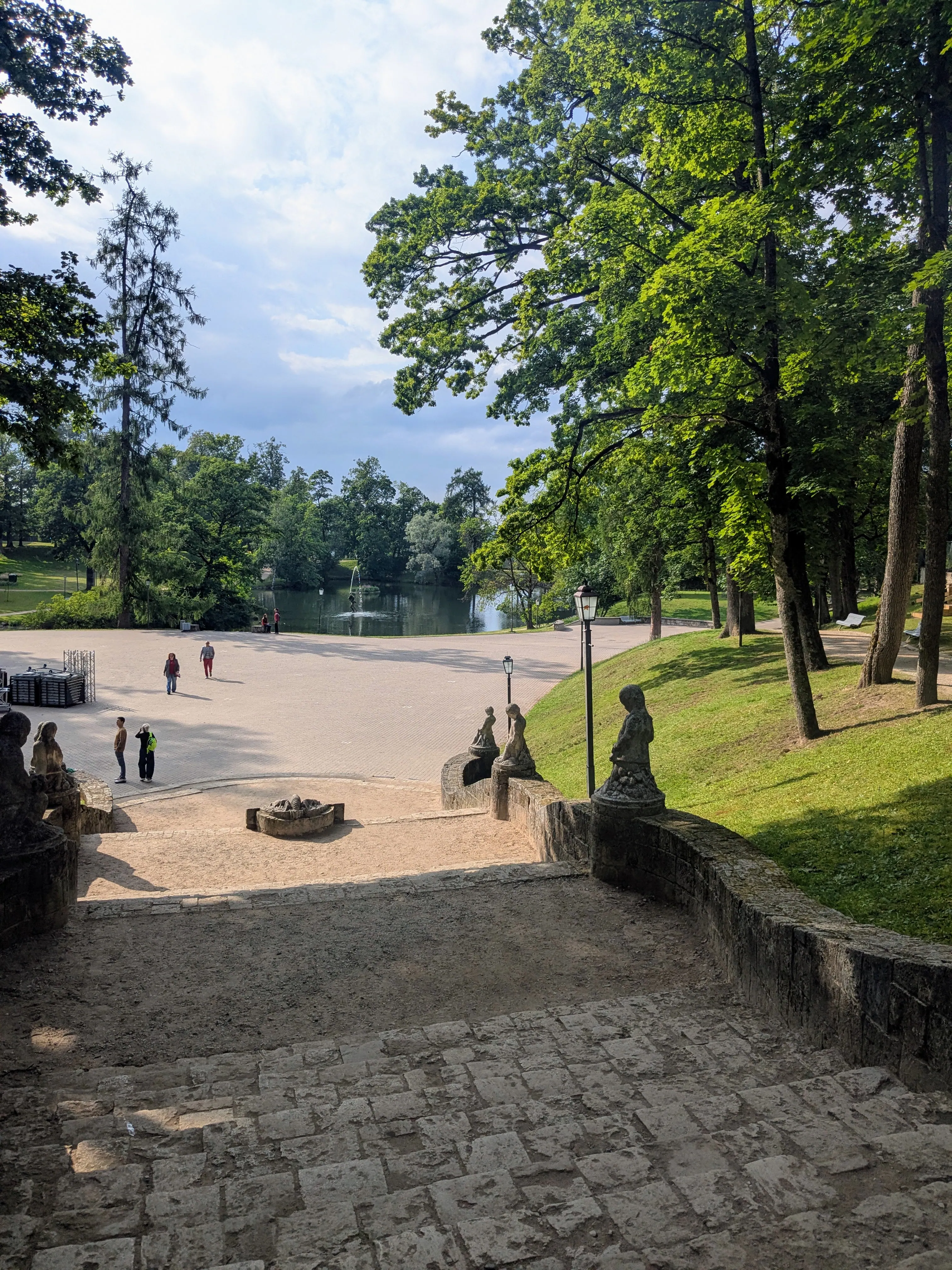 Tree-lined steps descending through Castle Park