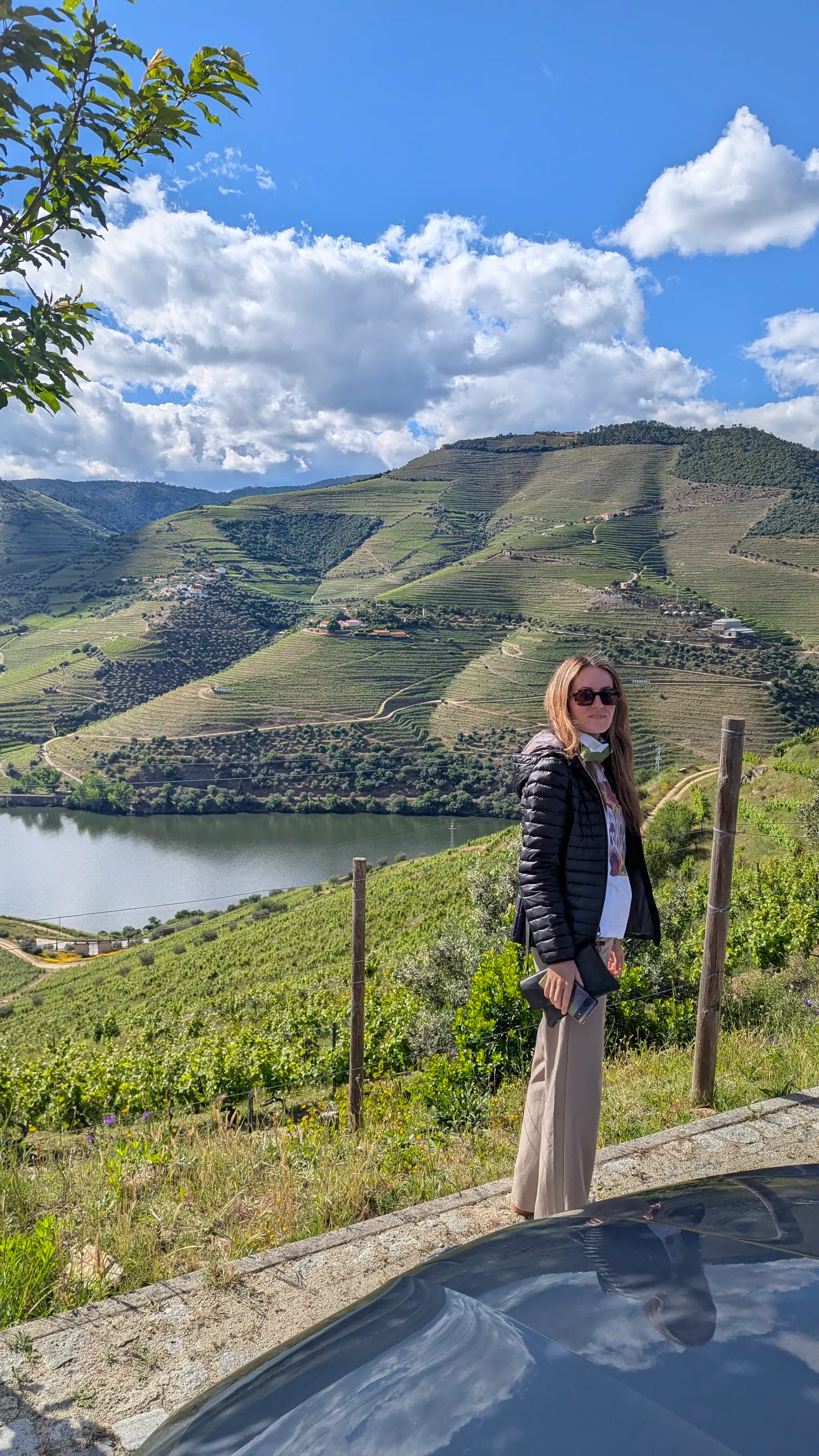A traveler standing beside the Douro River and vineyards near Quinta do Seixo