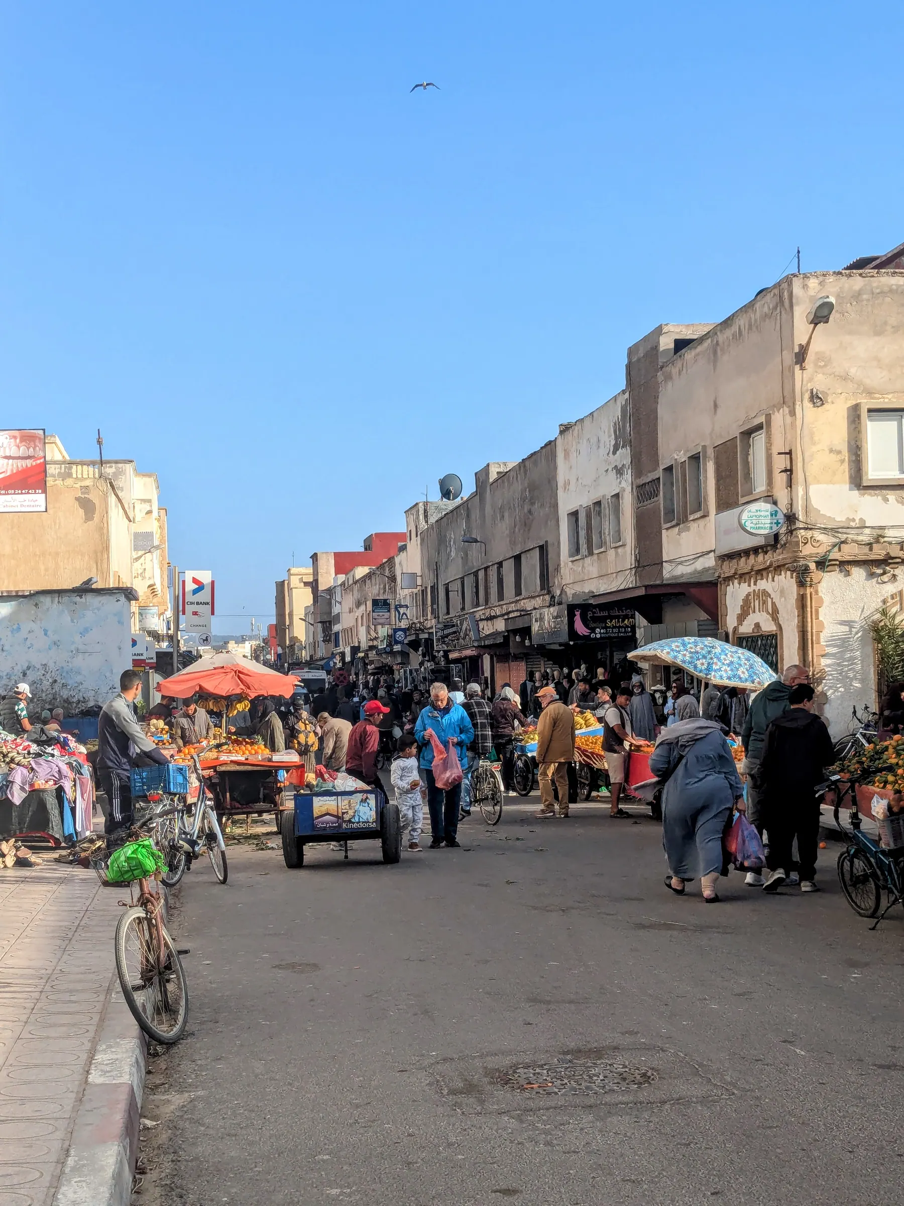 A busy marketplace street near the port in Essaouira