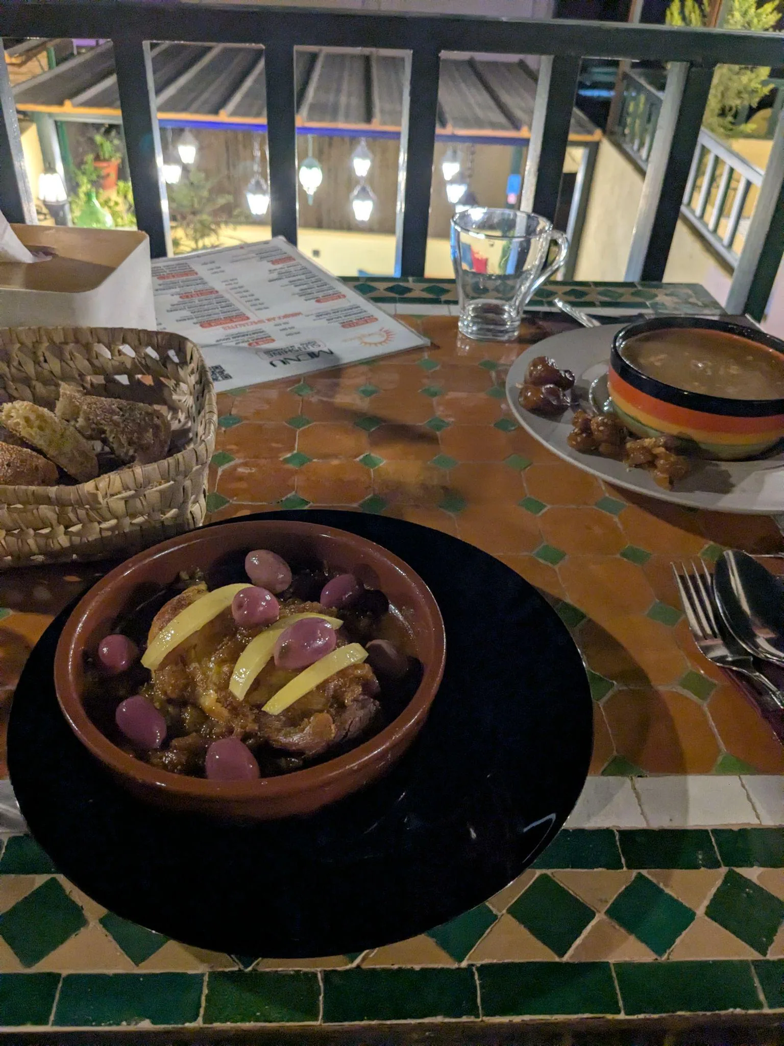 A chicken and almond tagine served at a rooftop restaurant in Fez
