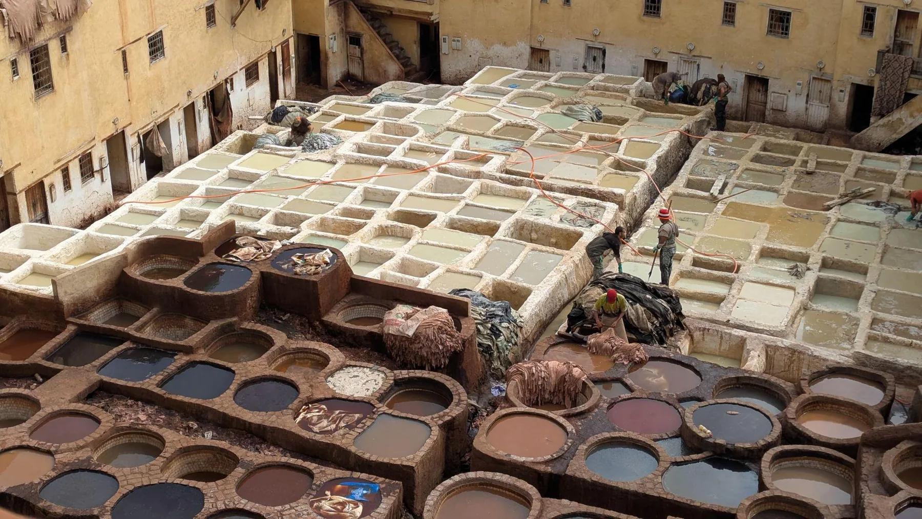 Traditional dye vats at the Chouara Tannery in Fez