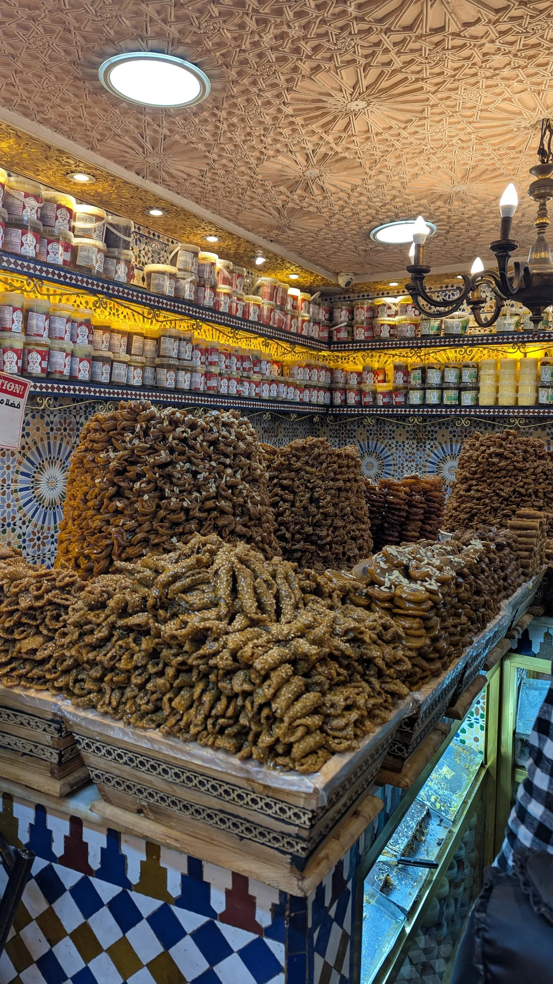 A Moroccan sweets and pastry display inside the Fez medina