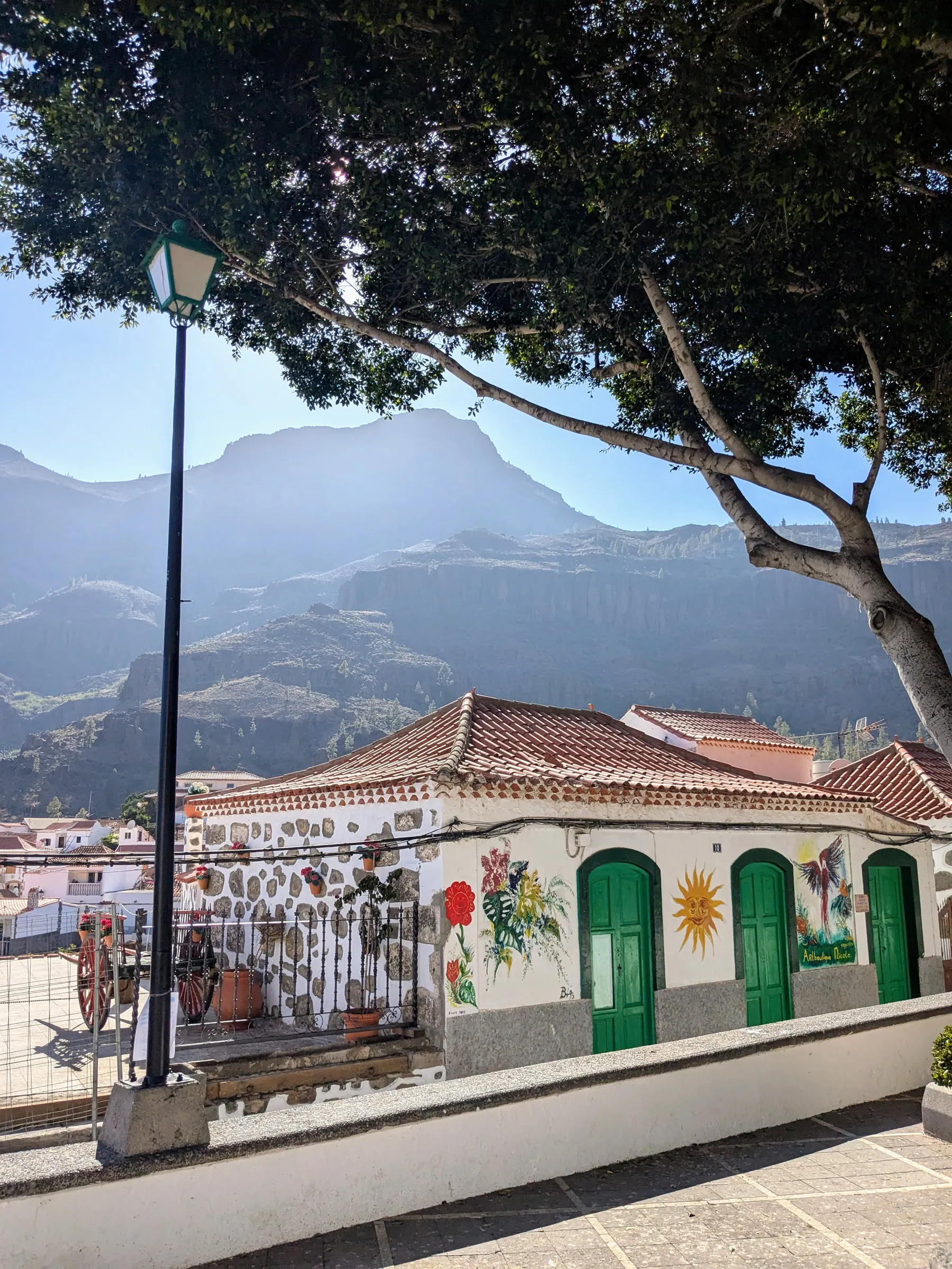 The stone church and mountain valley at Fataga