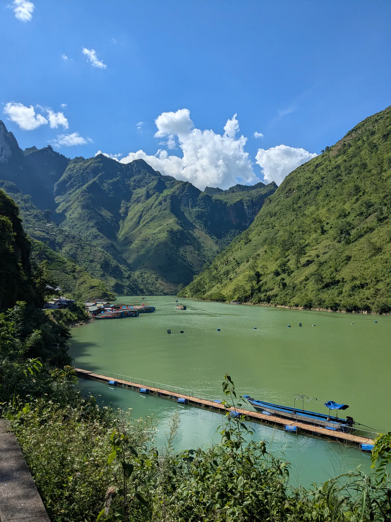 Long boats moored beside the green Nho Que River between steep wooded slopes
