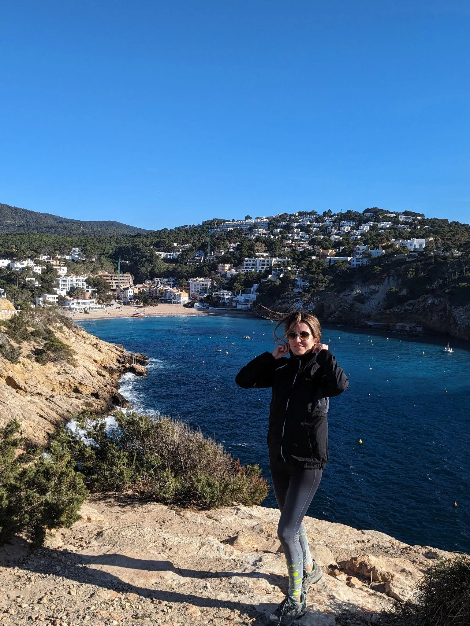 Looking down from the hills at the sheltered bay of Cala Vadella