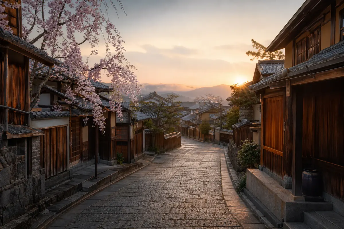 Traditional Kyoto street at sunrise with cherry blossoms and wooden houses
