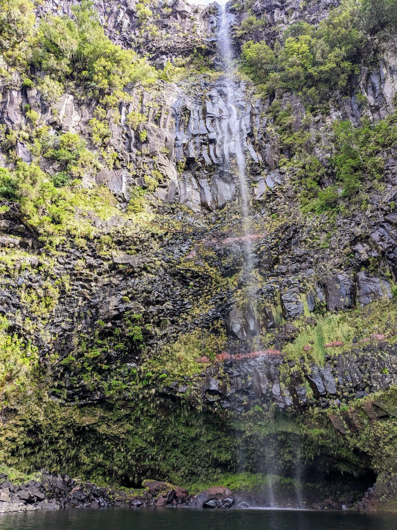 Tall waterfall dropping down mossy rock on a Madeira levada walk