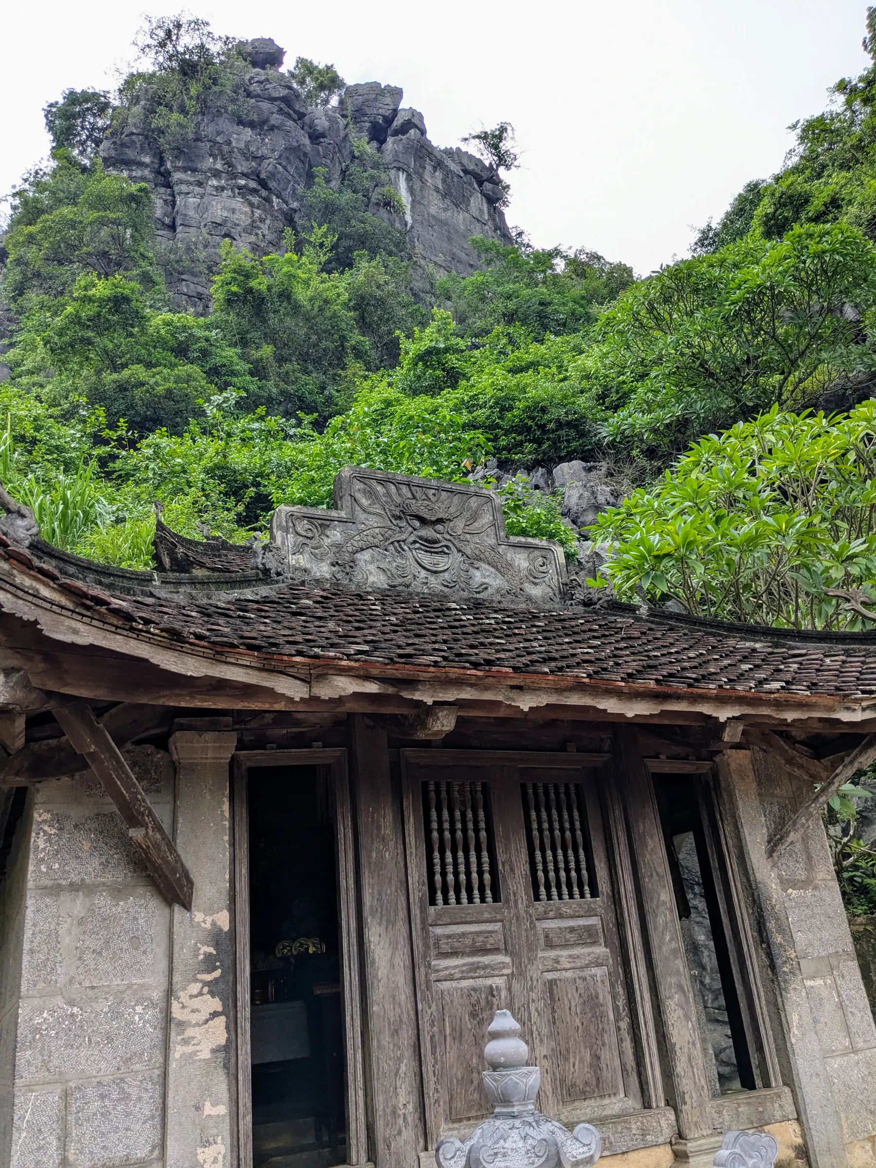 A tiled temple roof below dense green limestone cliffs