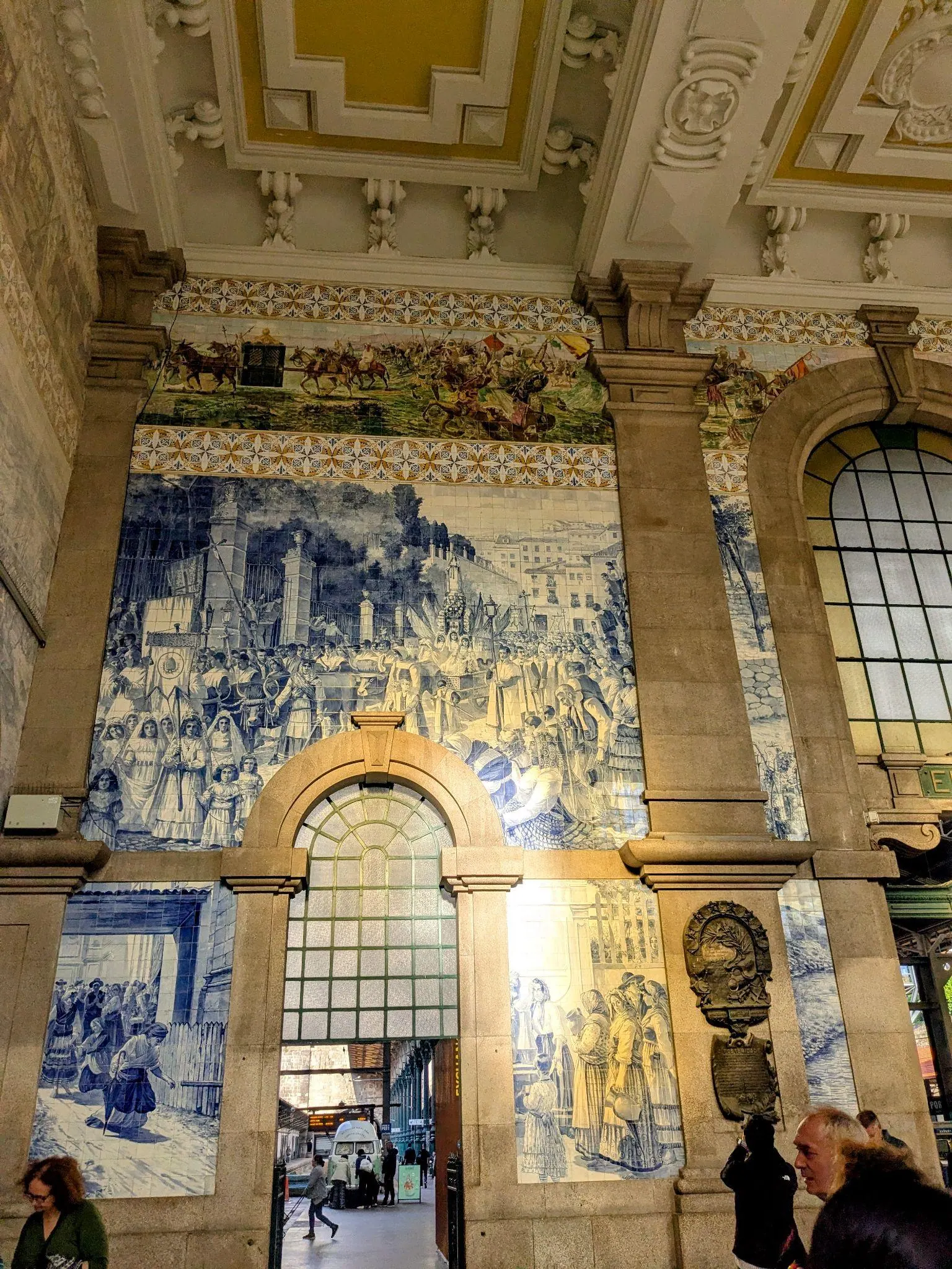 Blue azulejo tile panels inside Sao Bento station in Porto