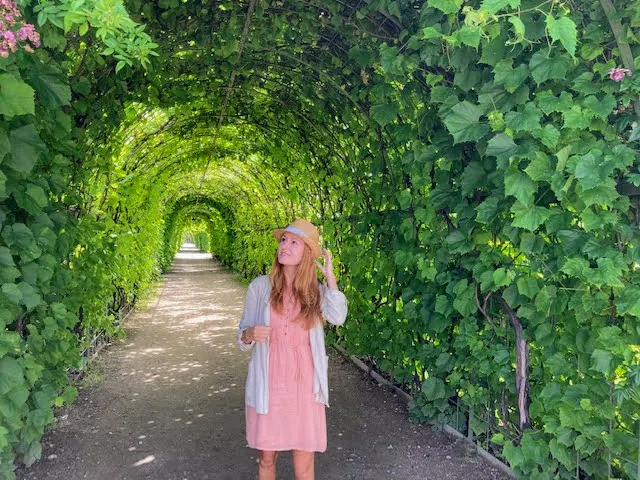 A traveler walking along a path beneath an arched green rose pergola in the gardens of Rundāle Palace
