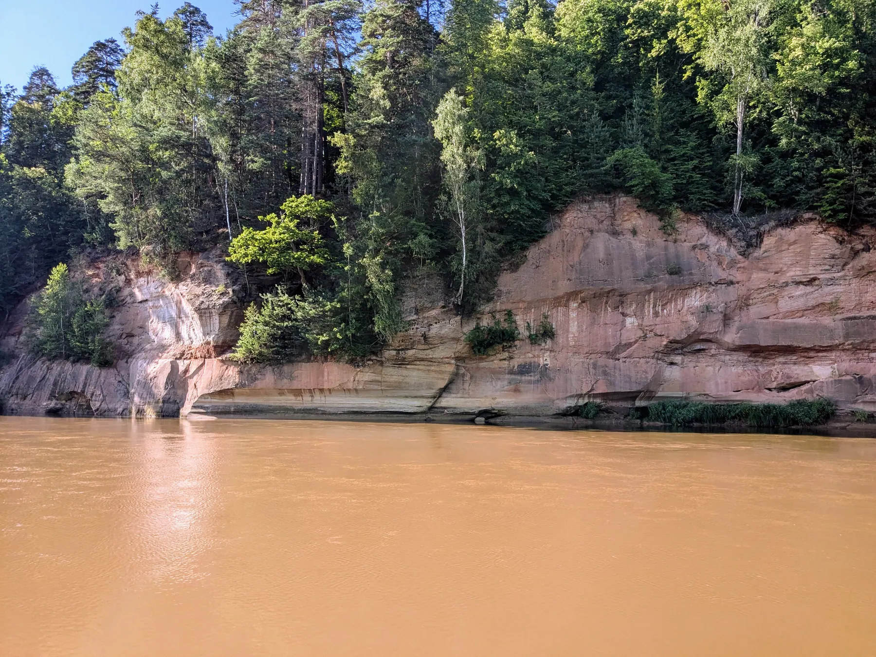 Red sandstone cliffs rising above the Gauja River in Sigulda