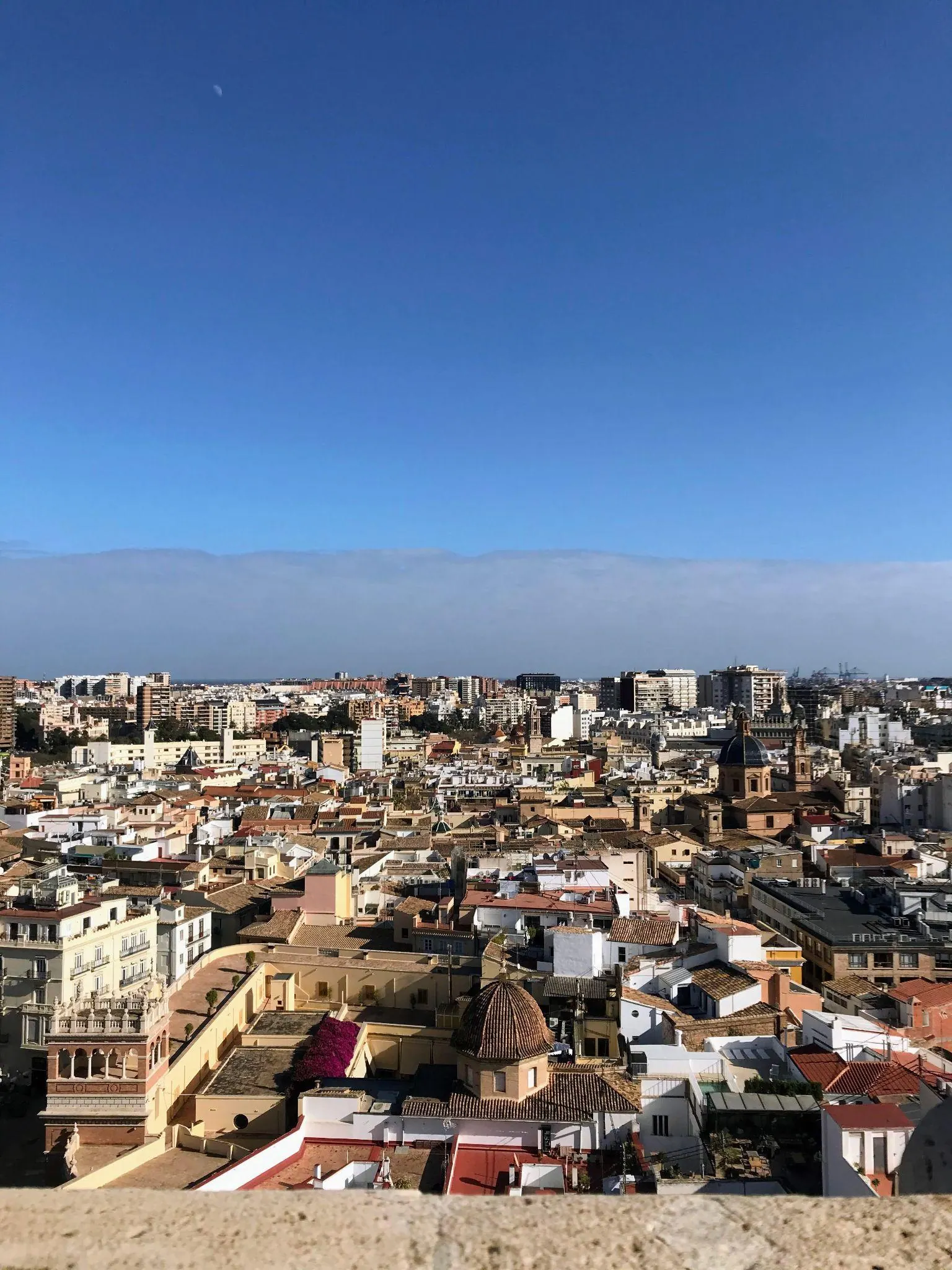 Vista panorámica aérea sobre los tejados de terracota y cúpulas de Valencia desde El Micalet
