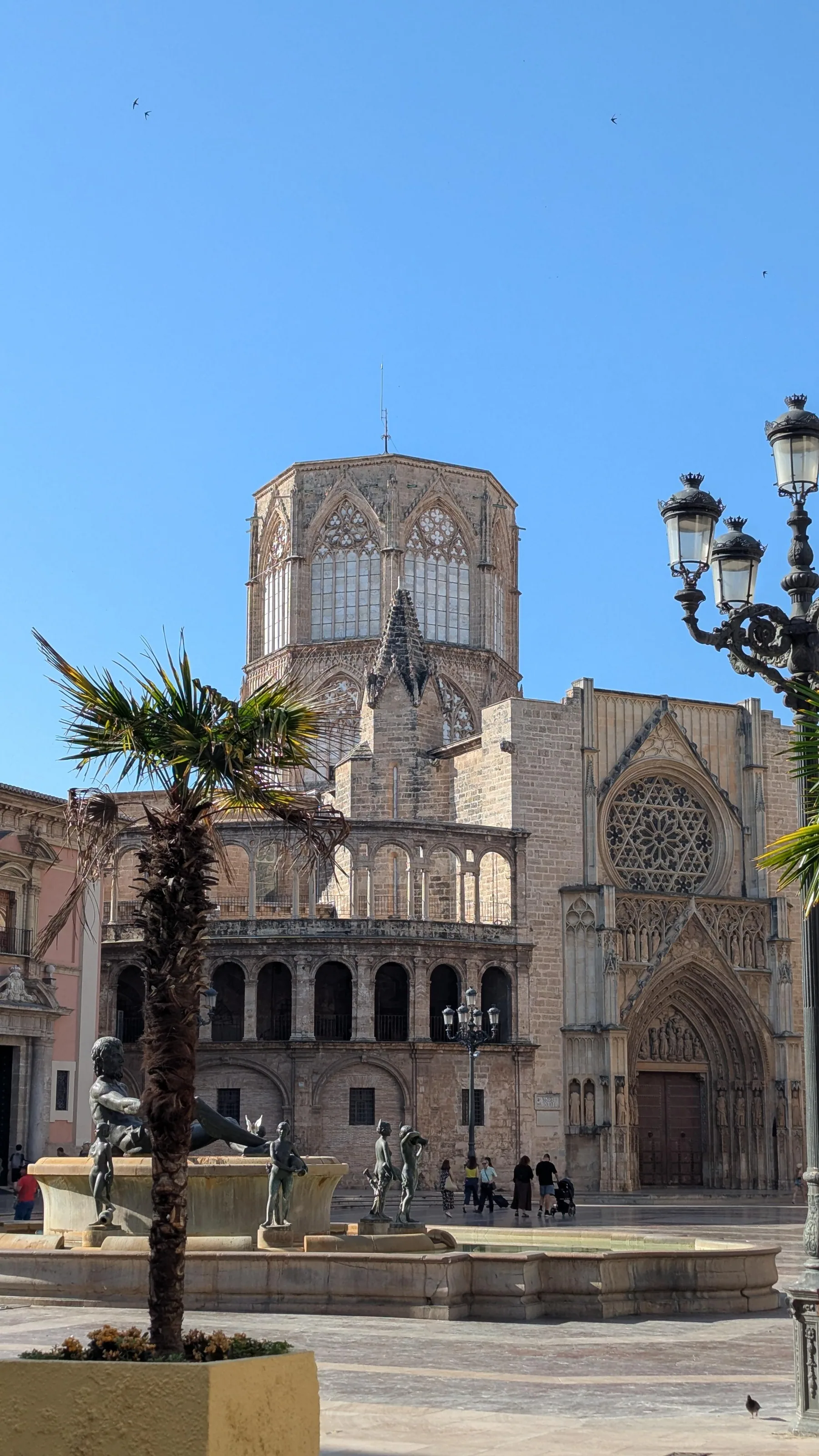 Plaza de la Virgen con la Fuente del Turia y la Puerta de los Apóstoles y cimborrio de la Catedral de Valencia