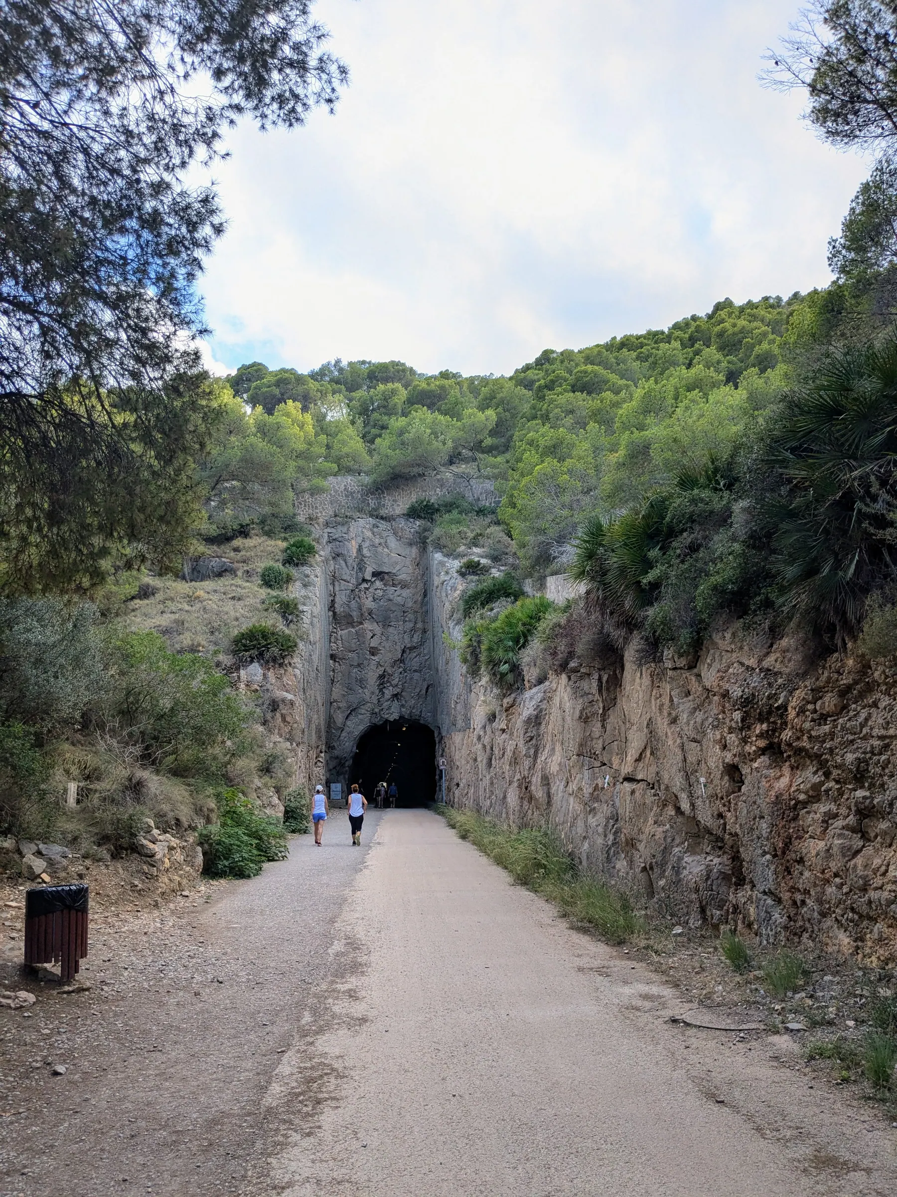 The Via Verde del Mar path approaching a tunnel through a rocky green ravine